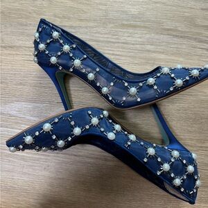 Betsy Johnson size 8.5. Mint condition navy blue with pearls and rhinestones.